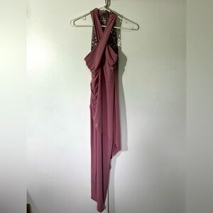 Venus asymmetrical hem criss cross front with lace detail on back dress